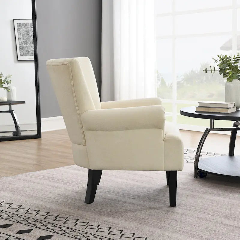 Fauteuil d'appoint dossier capitonné en tissu doux beige avec pieds en bois noir