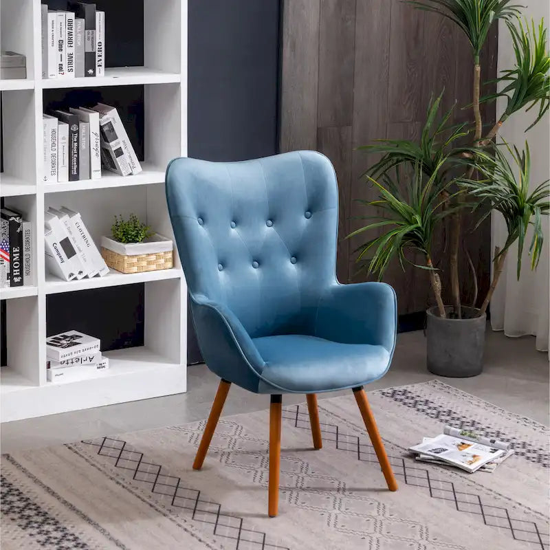 Fauteuil d'appoint capitonné en velours bleu avec pieds en bois massif