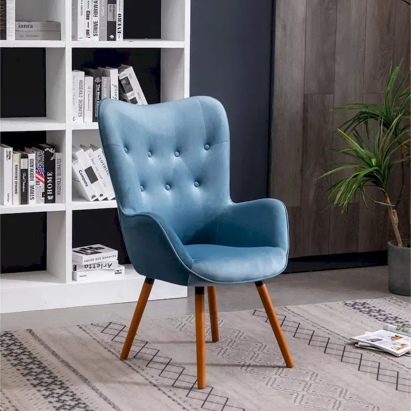 Fauteuil d'appoint capitonné en velours bleu avec pieds en bois massif