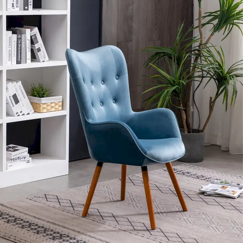 Fauteuil d'appoint capitonné en velours bleu avec pieds en bois massif