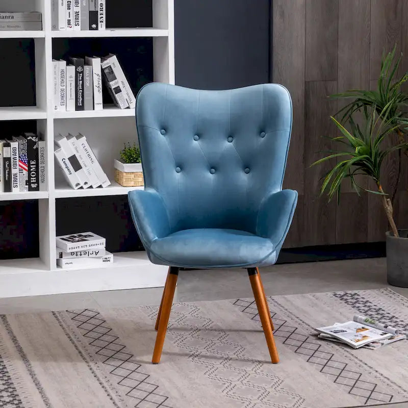 Fauteuil d'appoint capitonné en velours bleu avec pieds en bois massif