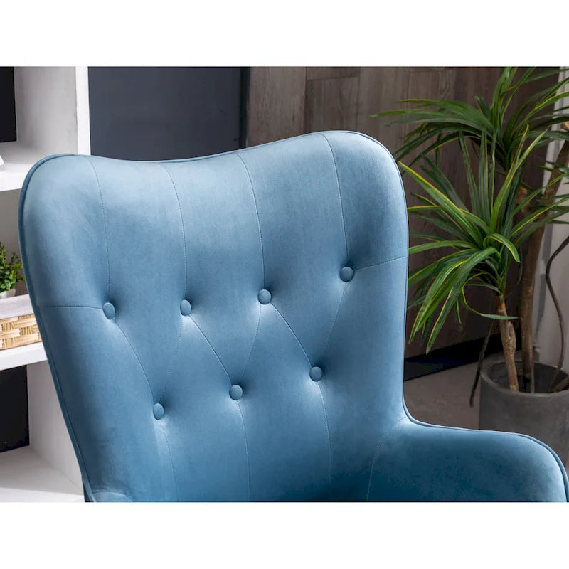 Fauteuil d'appoint capitonné en velours bleu avec pieds en bois massif