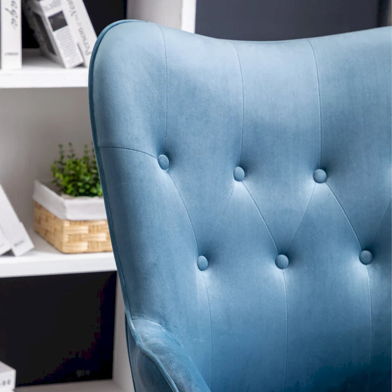 Fauteuil d'appoint capitonné en velours bleu avec pieds en bois massif