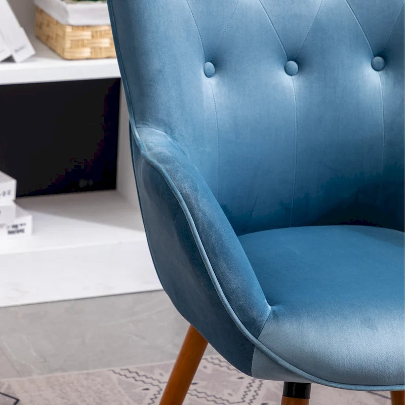 Fauteuil d'appoint capitonné en velours bleu avec pieds en bois massif