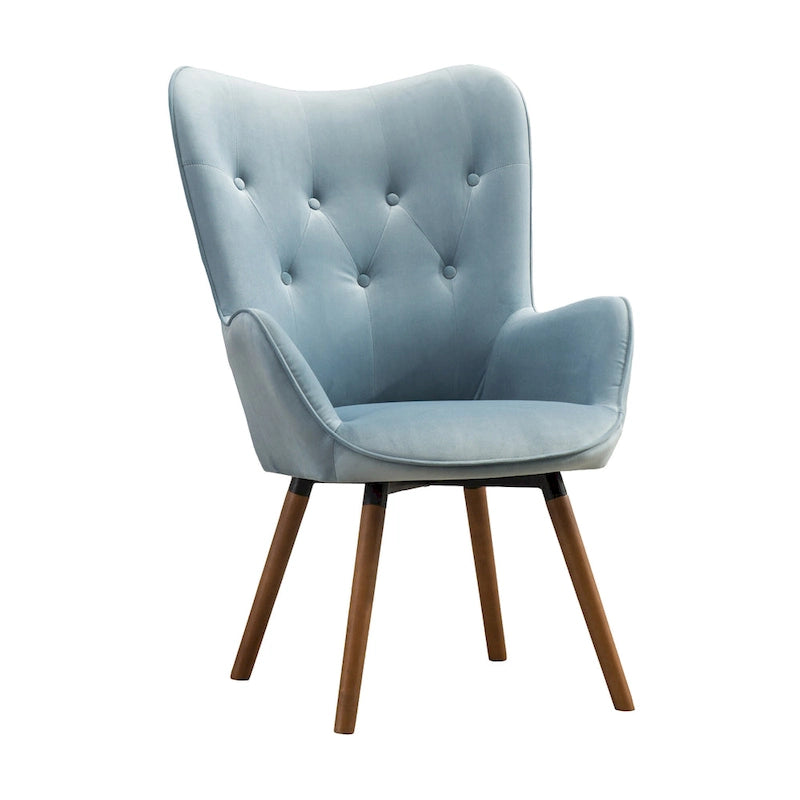 Fauteuil d'appoint capitonné en velours bleu avec pieds en bois massif