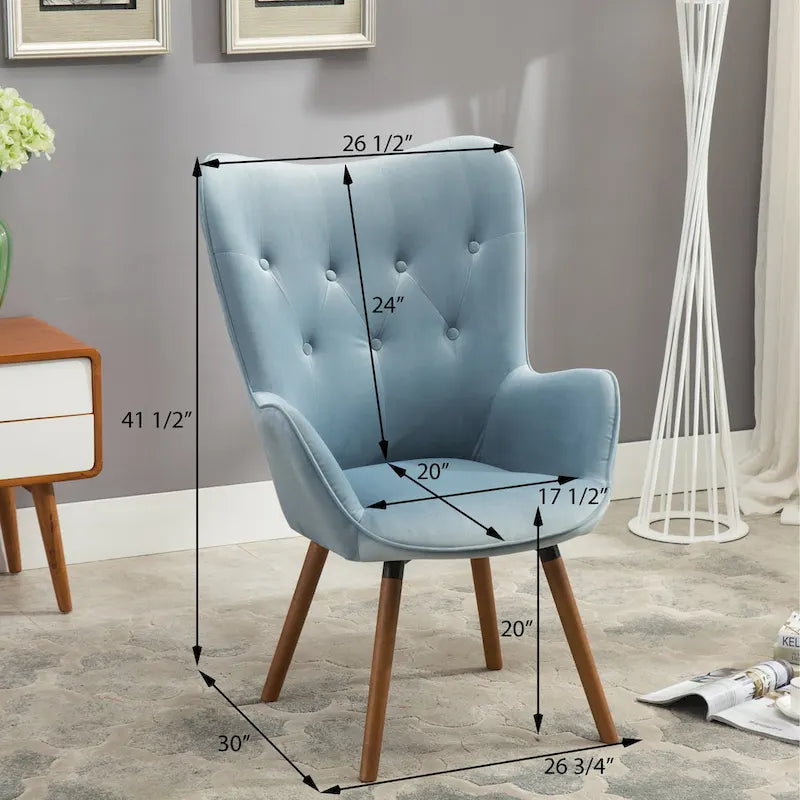 Fauteuil d'appoint capitonné en velours bleu avec pieds en bois massif