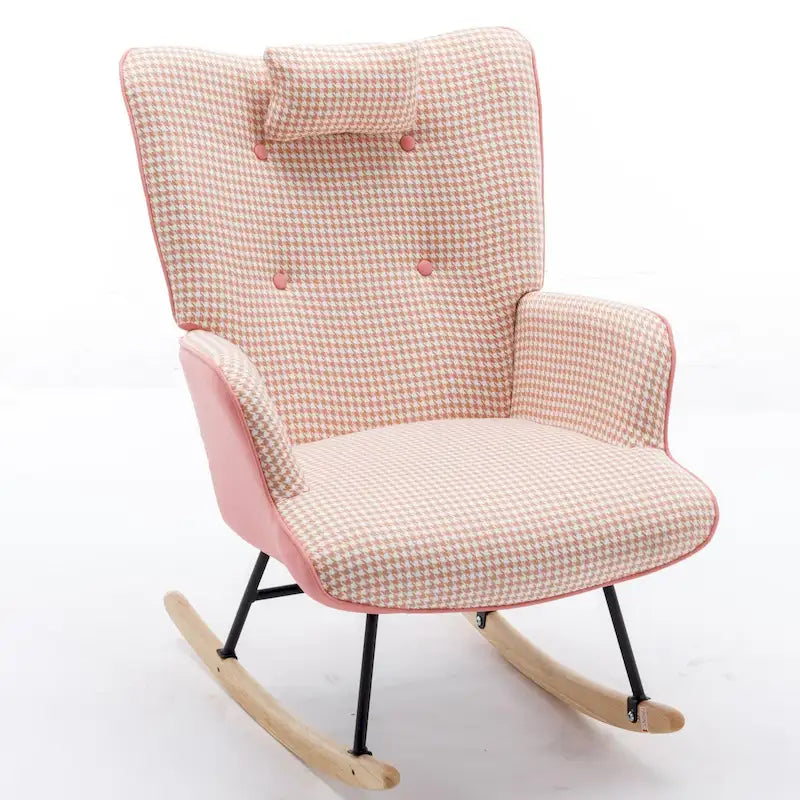 Fauteuil à bascule à oreilles en pied-de-poule avec appuie-tête et sac de rangement latéral, rose