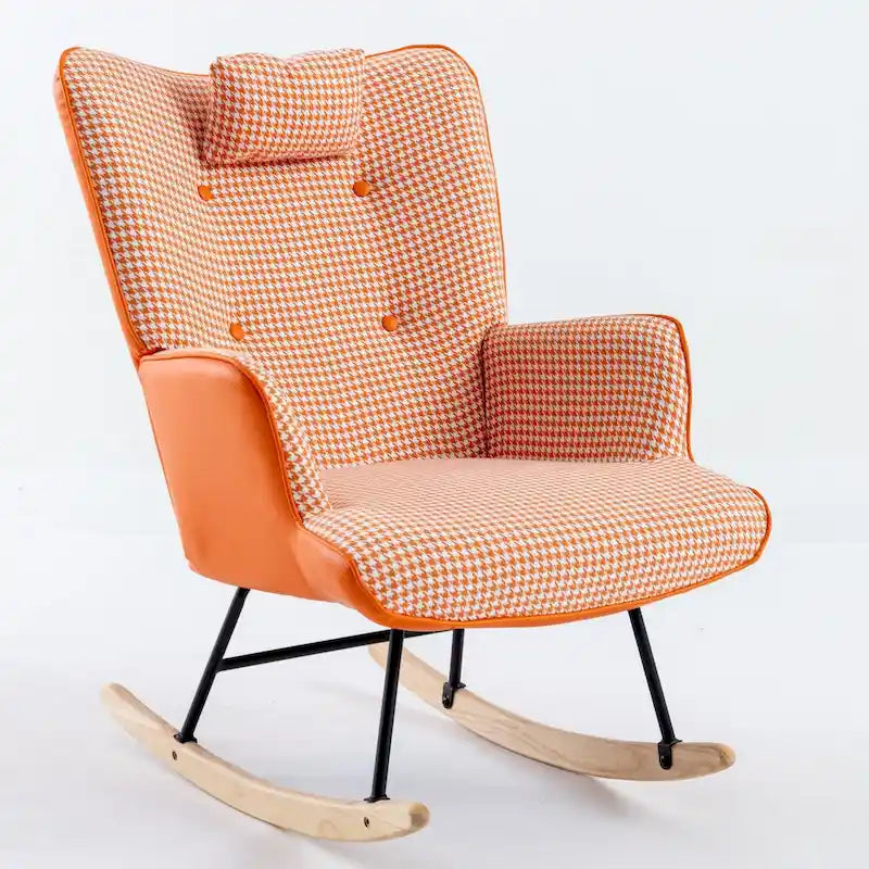 Fauteuil à bascule à oreilles en pied-de-poule avec appuie-tête et sac de rangement latéral, rose
