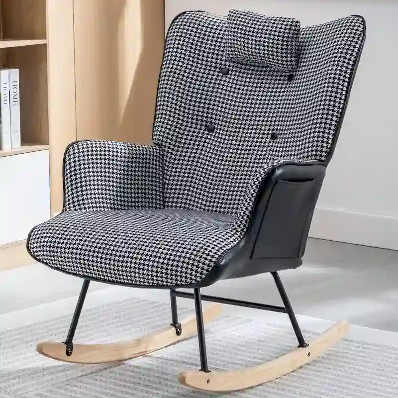 Fauteuil à bascule à oreilles en pied-de-poule avec appuie-tête et sac de rangement latéral, rose