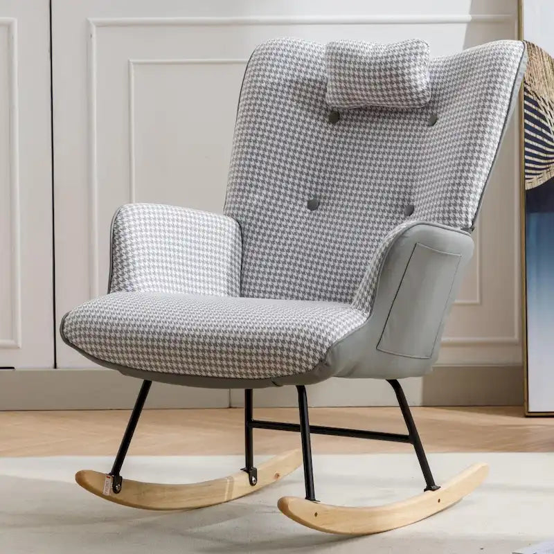 Fauteuil à bascule à oreilles en pied-de-poule avec appuie-tête et sac de rangement latéral, rose