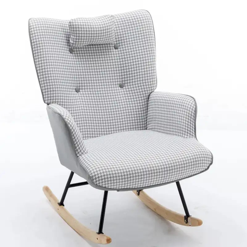 Fauteuil à bascule à oreilles en pied-de-poule avec appuie-tête et sac de rangement latéral, rose