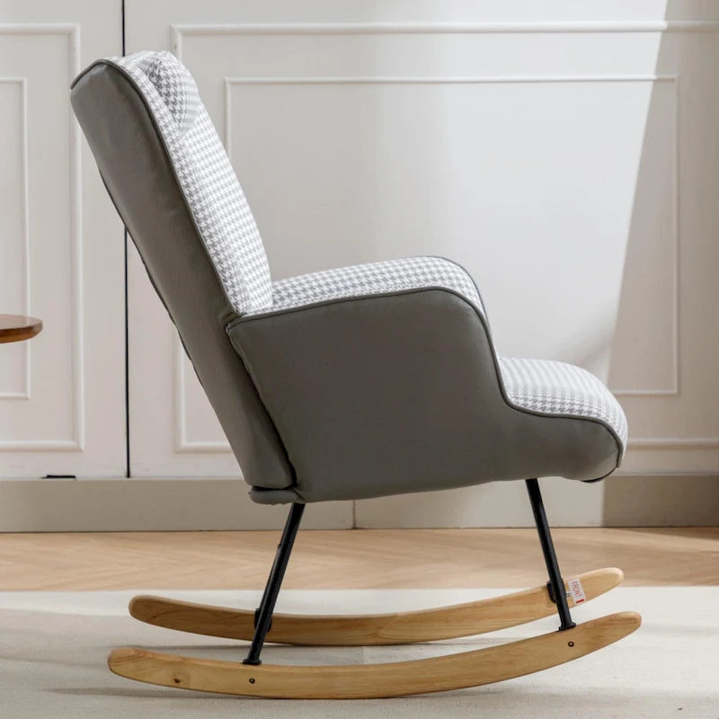 Fauteuil à bascule à oreilles en pied-de-poule avec appuie-tête et sac de rangement latéral, rose
