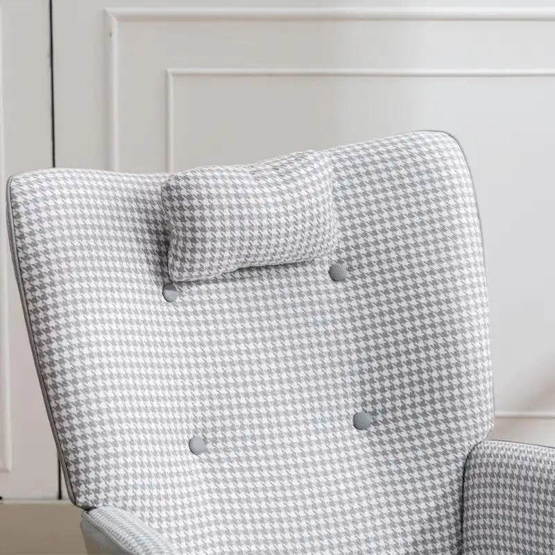 Fauteuil à bascule à oreilles en pied-de-poule avec appuie-tête et sac de rangement latéral, rose