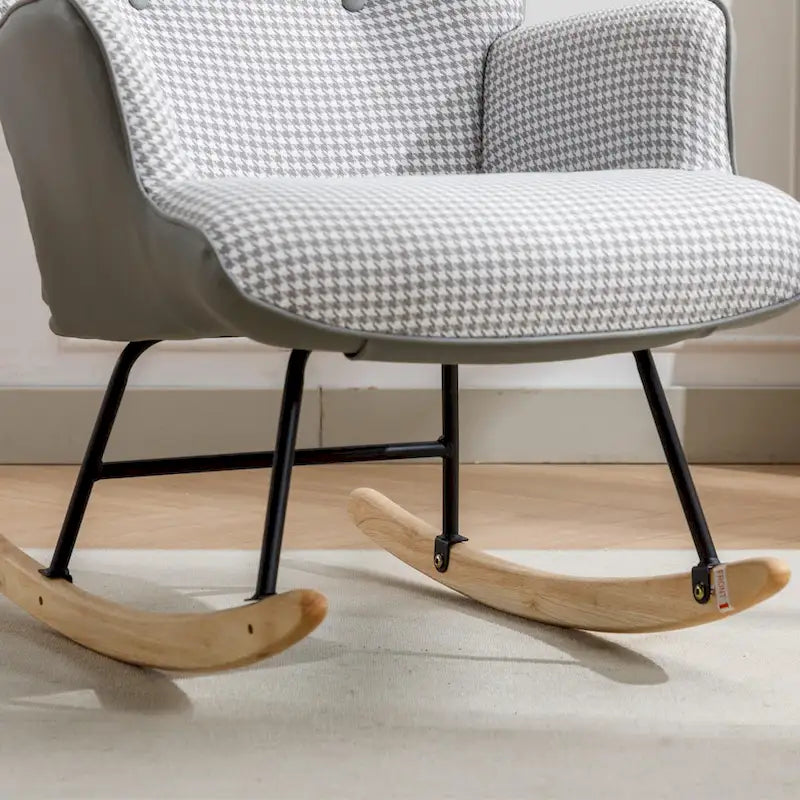 Fauteuil à bascule à oreilles en pied-de-poule avec appuie-tête et sac de rangement latéral, rose