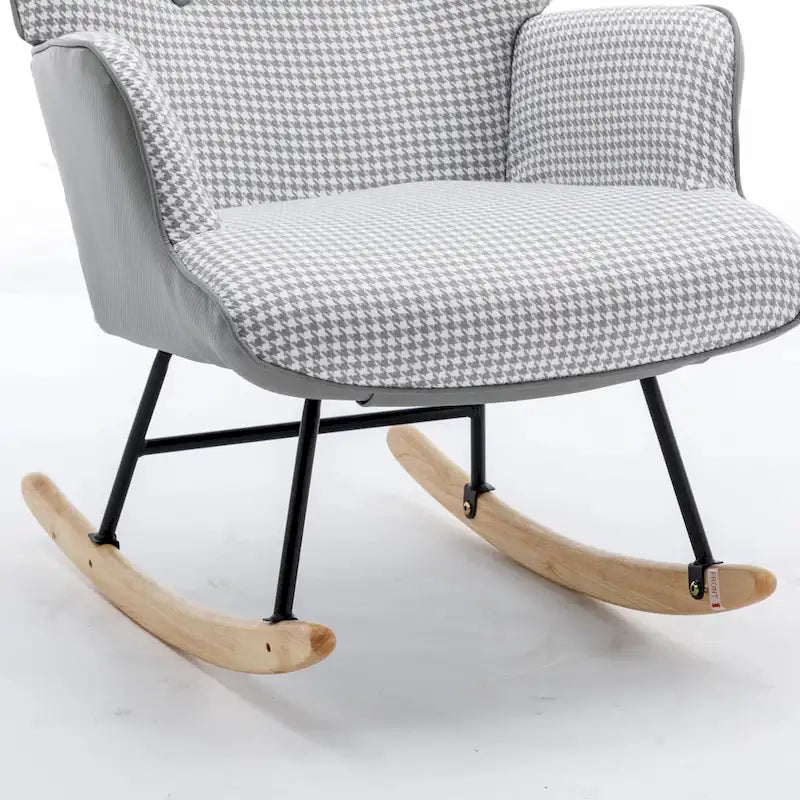 Fauteuil à bascule à oreilles en pied-de-poule avec appuie-tête et sac de rangement latéral, rose
