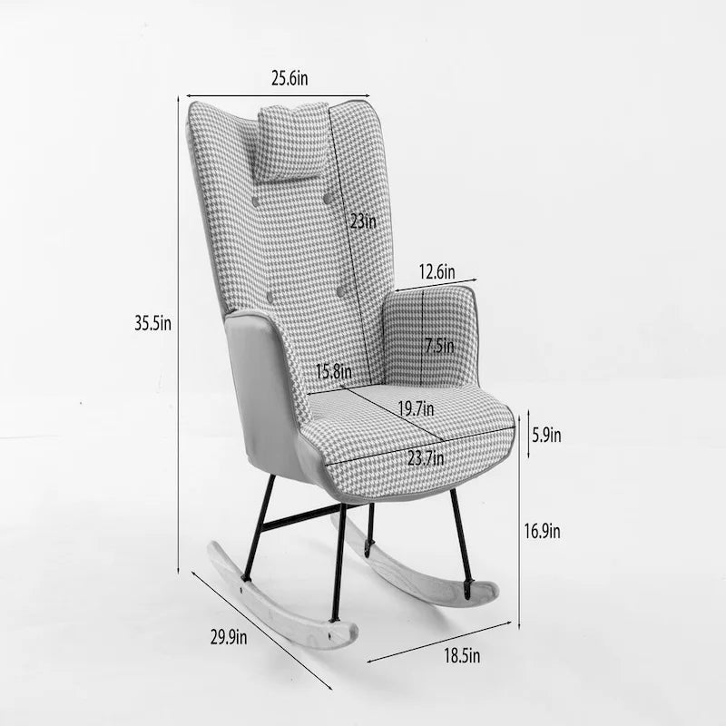 Fauteuil à bascule à oreilles en pied-de-poule avec appuie-tête et sac de rangement latéral, rose