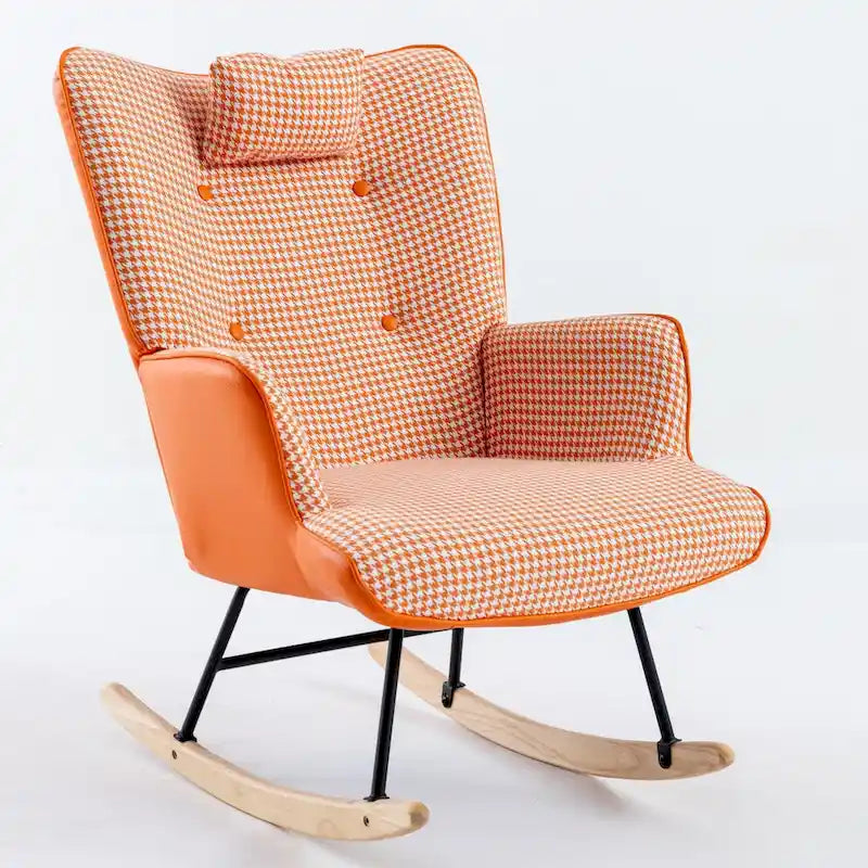 Fauteuil à bascule à oreilles en pied-de-poule avec appuie-tête et sac de rangement latéral, rose
