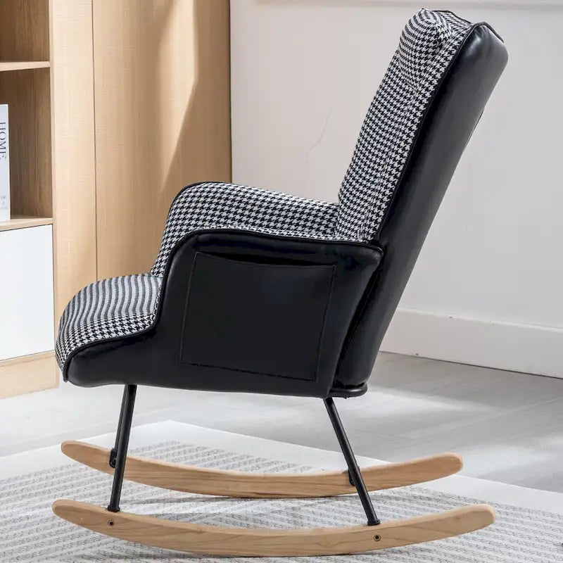 Fauteuil à bascule à oreilles en pied-de-poule avec appuie-tête et sac de rangement latéral, rose
