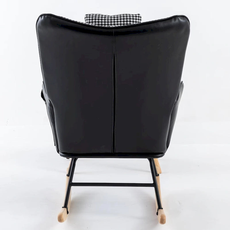 Fauteuil à bascule à oreilles en pied-de-poule avec appuie-tête et sac de rangement latéral, rose