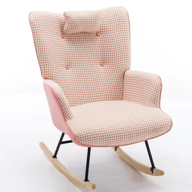 Fauteuil à bascule à oreilles en pied-de-poule avec appuie-tête et sac de rangement latéral, rose