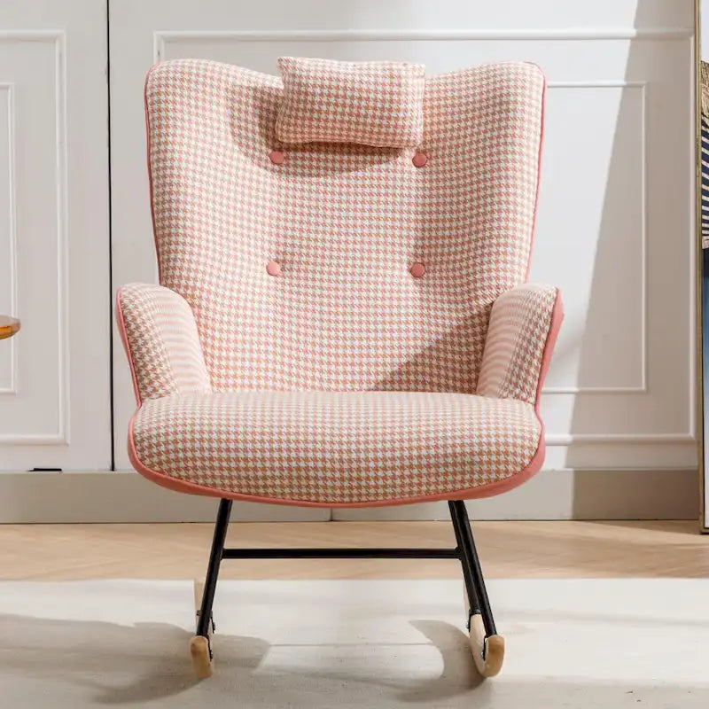 Fauteuil à bascule à oreilles en pied-de-poule avec appuie-tête et sac de rangement latéral, rose