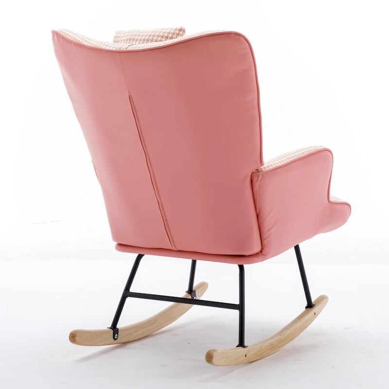 Fauteuil à bascule à oreilles en pied-de-poule avec appuie-tête et sac de rangement latéral, rose