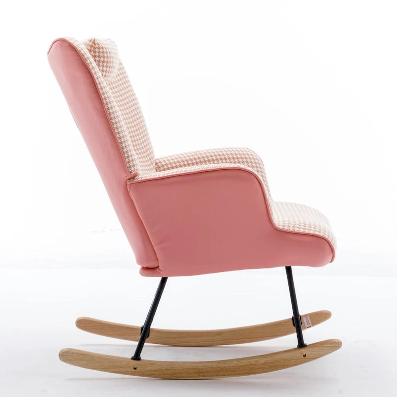 Fauteuil à bascule à oreilles en pied-de-poule avec appuie-tête et sac de rangement latéral, rose