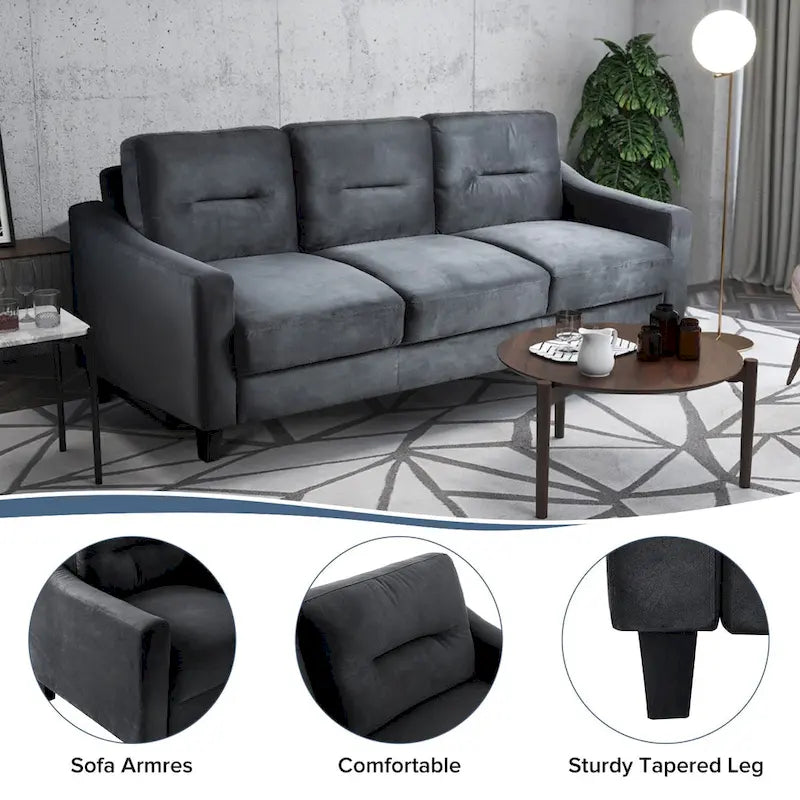 Canapé trois places gris anthracite en chenille avec cadre en bois dur, mousse haute densité et coussins amovibles