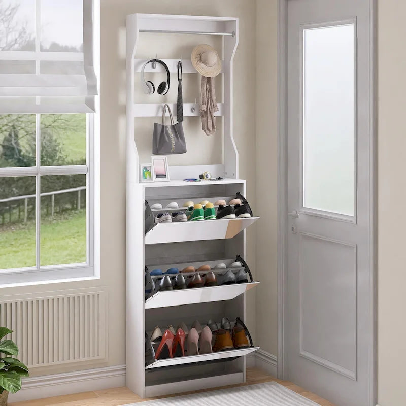 Meuble à chaussures blanc rabattable avec miroir, crochets, tringle, dessus de table, rangement d'entrée