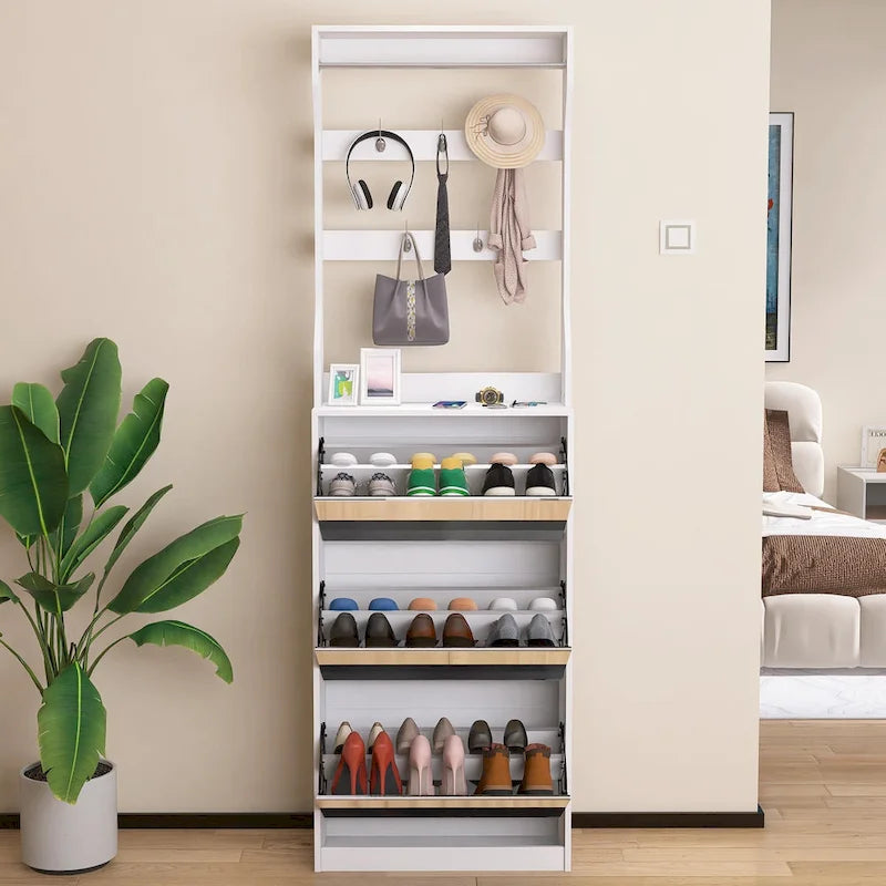 Meuble à chaussures blanc rabattable avec miroir, crochets, tringle, dessus de table, rangement d'entrée