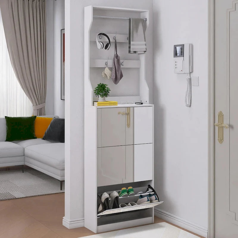 Meuble à chaussures blanc rabattable avec miroir, crochets, tringle, dessus de table, rangement d'entrée