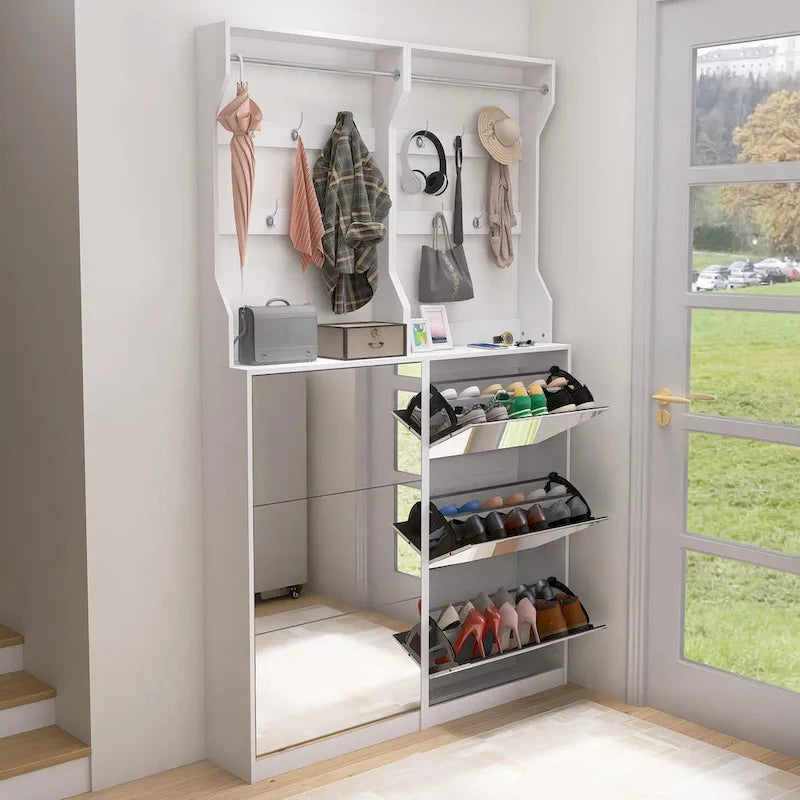 Meuble à chaussures blanc rabattable avec miroir, crochets, tringle, dessus de table, rangement d'entrée
