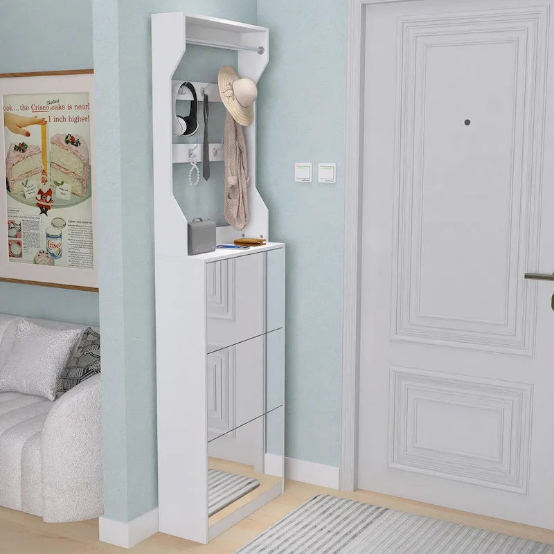 Meuble à chaussures blanc rabattable avec miroir, crochets, tringle, dessus de table, rangement d'entrée