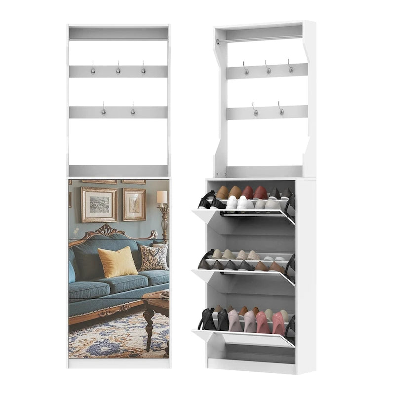 Meuble à chaussures blanc rabattable avec miroir, crochets, tringle, dessus de table, rangement d'entrée