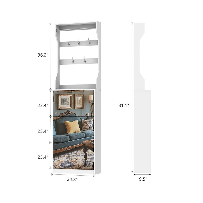 Meuble à chaussures blanc rabattable avec miroir, crochets, tringle, dessus de table, rangement d'entrée
