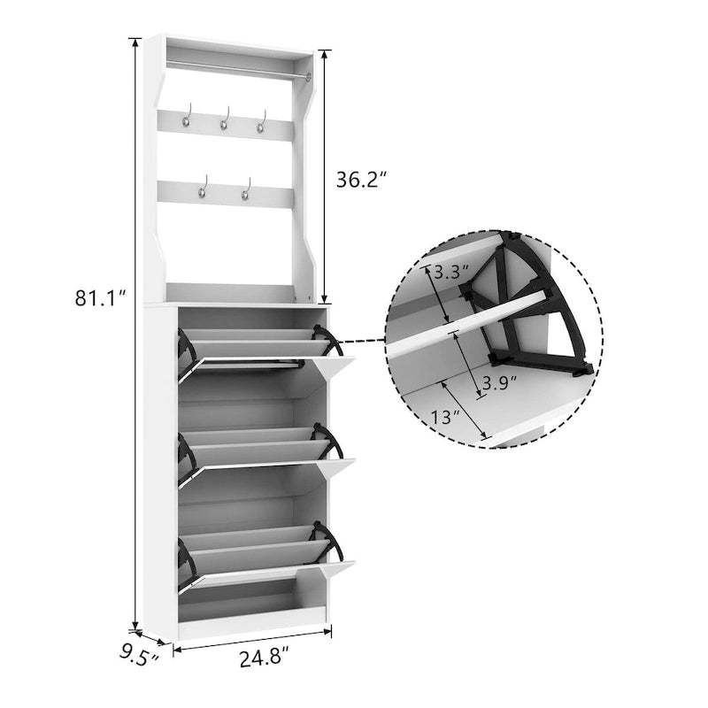Meuble à chaussures blanc rabattable avec miroir, crochets, tringle, dessus de table, rangement d'entrée