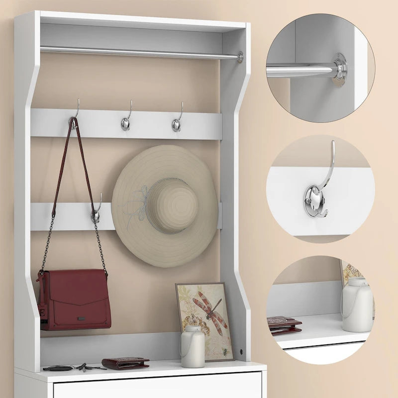 Meuble à chaussures blanc rabattable avec miroir, crochets, tringle, dessus de table, rangement d'entrée