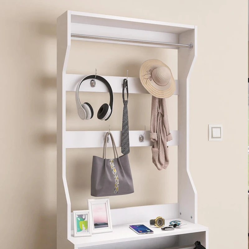 Meuble à chaussures blanc rabattable avec miroir, crochets, tringle, dessus de table, rangement d'entrée