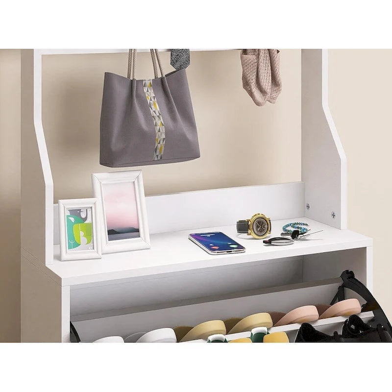 Meuble à chaussures blanc rabattable avec miroir, crochets, tringle, dessus de table, rangement d'entrée