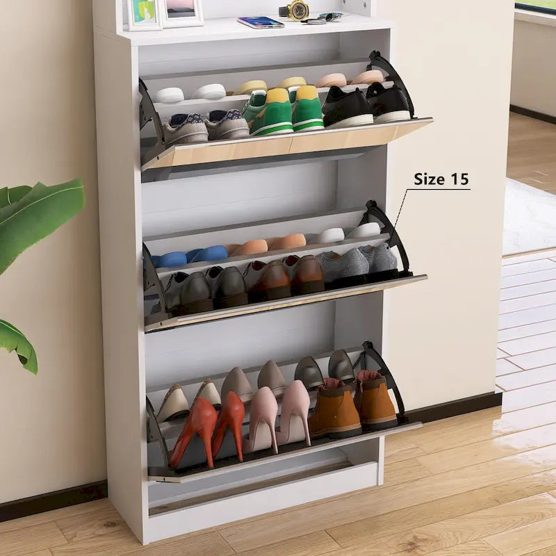 Meuble à chaussures blanc rabattable avec miroir, crochets, tringle, dessus de table, rangement d'entrée
