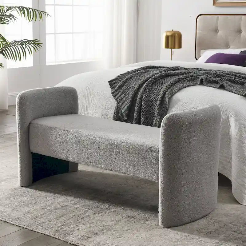 Banc rembourré en boucle avec cadre en H et rembourrage en mousse, Teddy gris, noir, ivoire