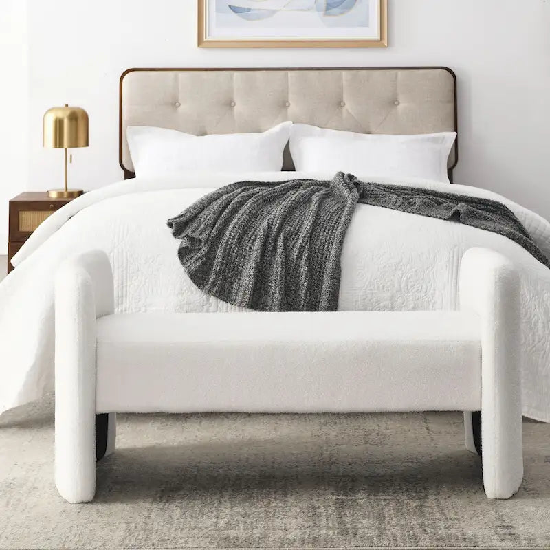 Banc rembourré en boucle avec cadre en H et rembourrage en mousse, Teddy gris, noir, ivoire