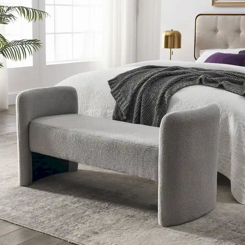 Banc rembourré en boucle avec cadre en H et rembourrage en mousse, Teddy gris, noir, ivoire