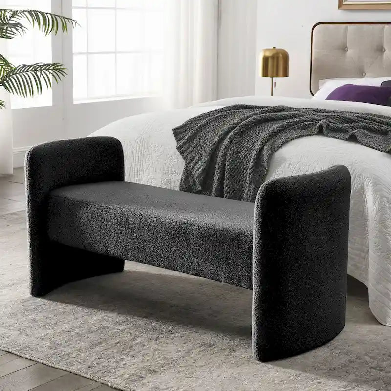 Banc rembourré en boucle avec cadre en H et rembourrage en mousse, Teddy gris, noir, ivoire