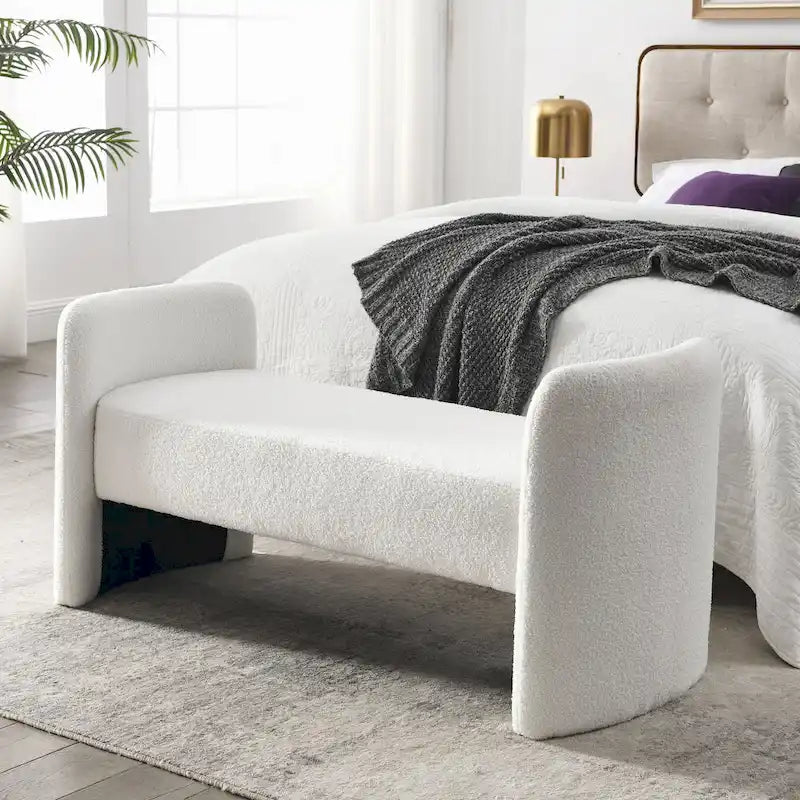 Banc rembourré en boucle avec cadre en H et rembourrage en mousse, Teddy gris, noir, ivoire