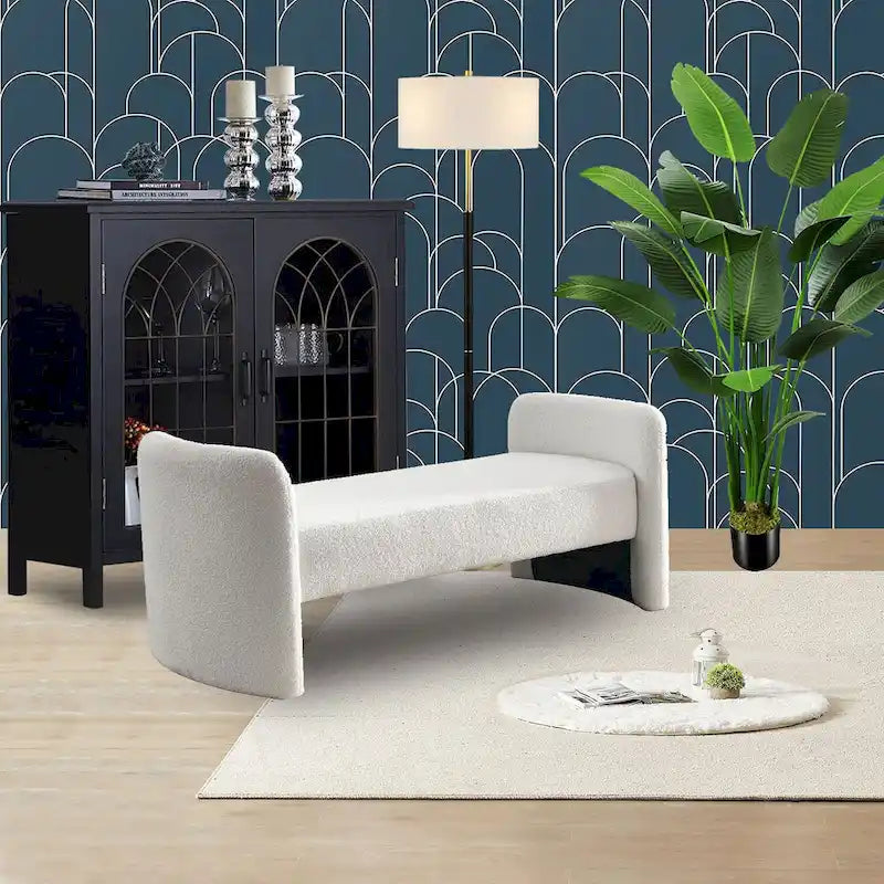 Banc rembourré en boucle avec cadre en H et rembourrage en mousse, Teddy gris, noir, ivoire