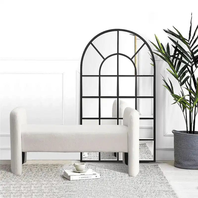 Banc rembourré en boucle avec cadre en H et rembourrage en mousse, Teddy gris, noir, ivoire