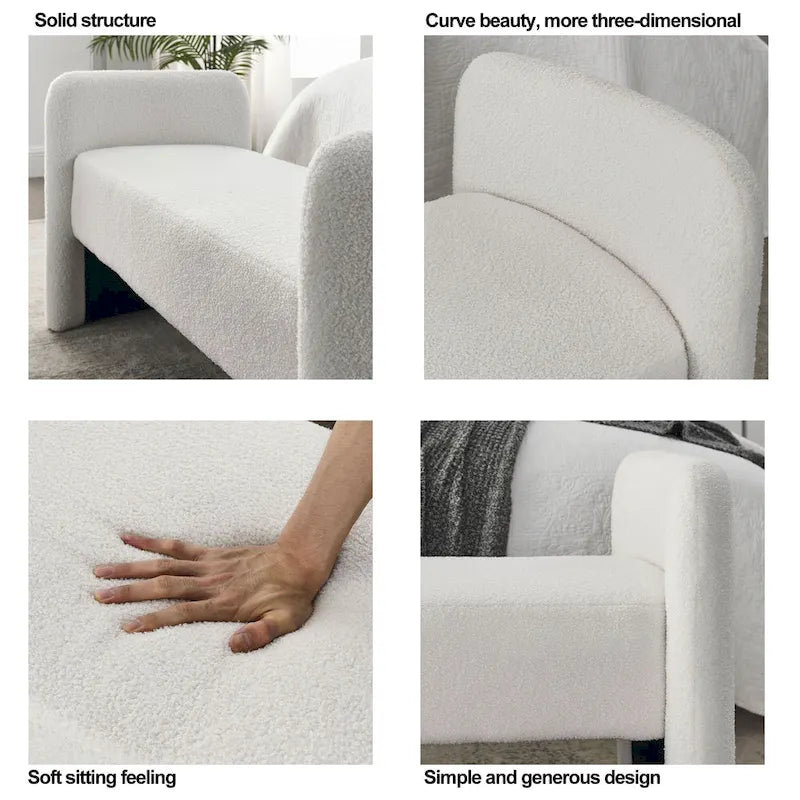Banc rembourré en boucle avec cadre en H et rembourrage en mousse, Teddy gris, noir, ivoire