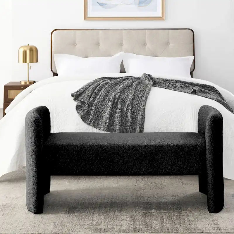 Banc rembourré en boucle avec cadre en H et rembourrage en mousse, Teddy gris, noir, ivoire