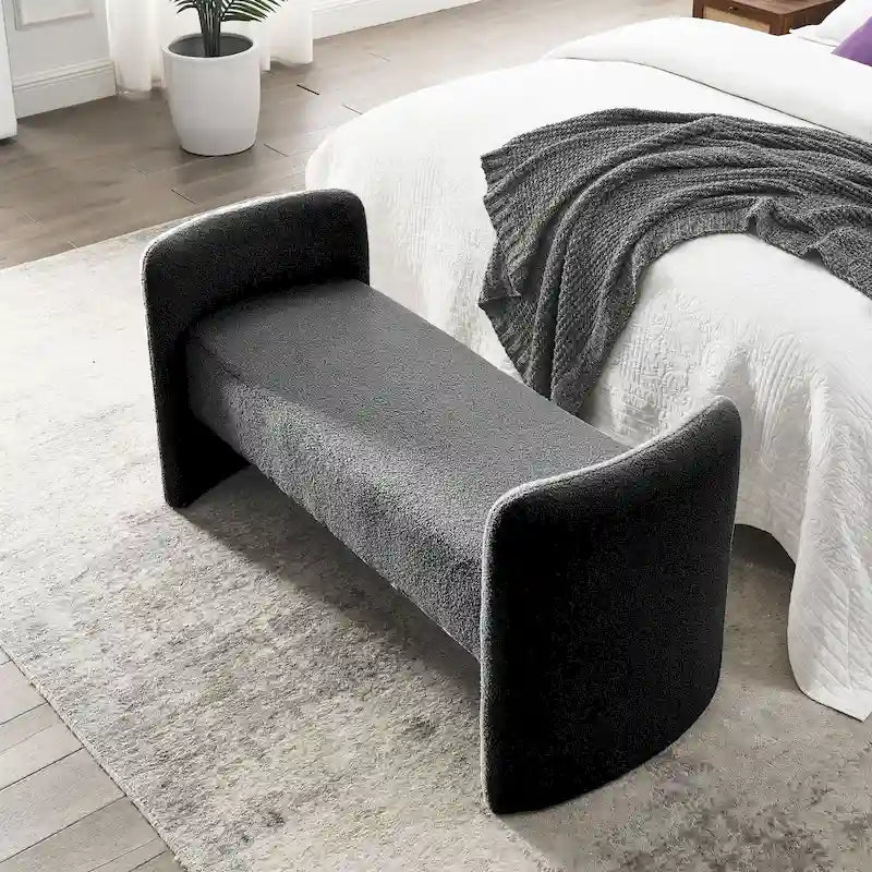 Banc rembourré en boucle avec cadre en H et rembourrage en mousse, Teddy gris, noir, ivoire
